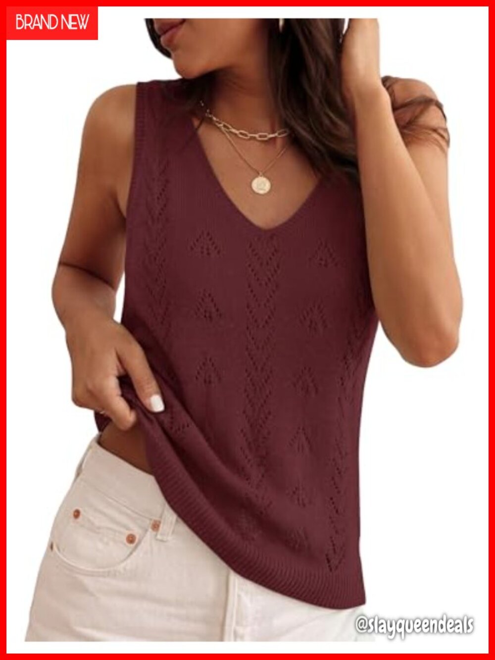 Crochet Knit Sleeveless Tank Top V-Neck Loose Fit Summer Sweater Vest